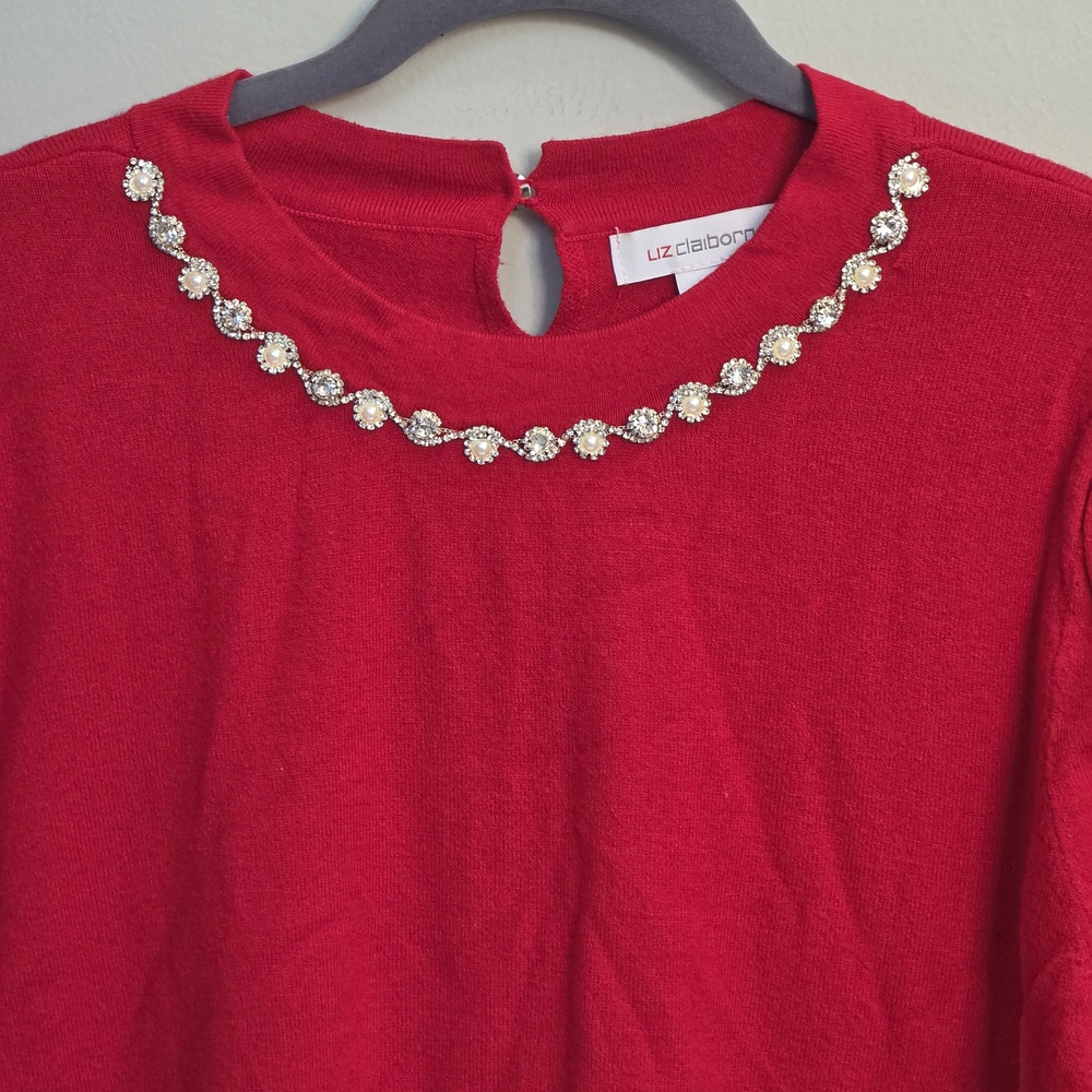 Liz Claiborne Crimson Long Sleeve Top with Beaded Neckline - Picture 2 of 7